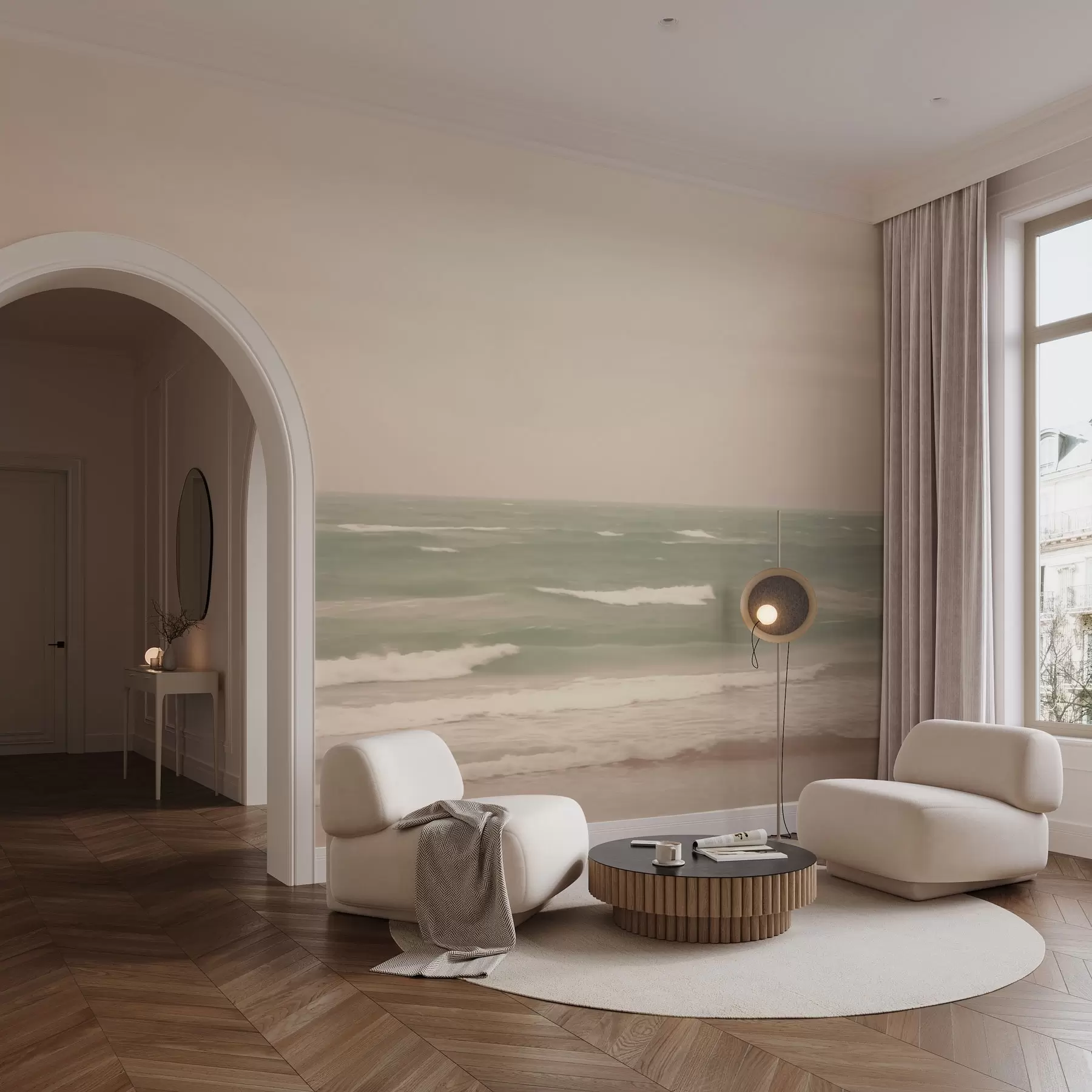 wall murals Нежно ружичасто-зелени морски пејзаж са благим таласима w04348
