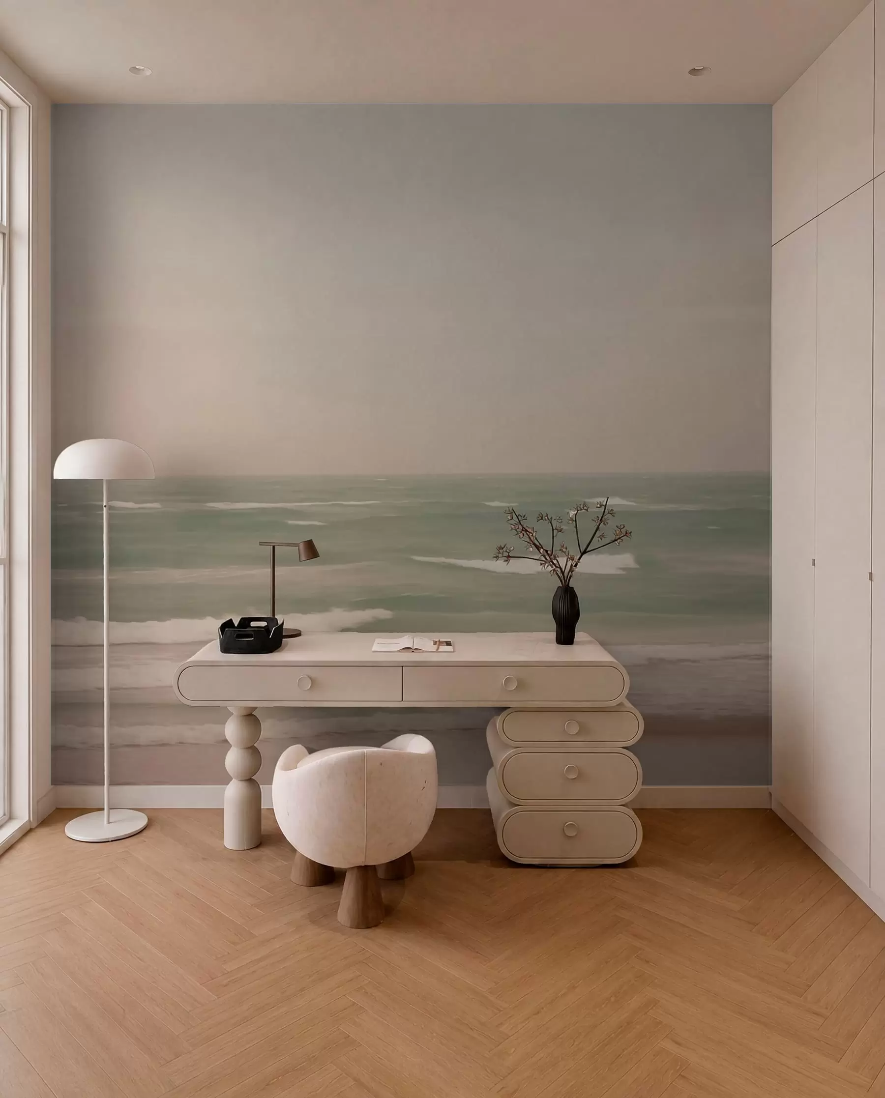 wall murals Нежно ружичасто-зелени морски пејзаж са благим таласима w04348
