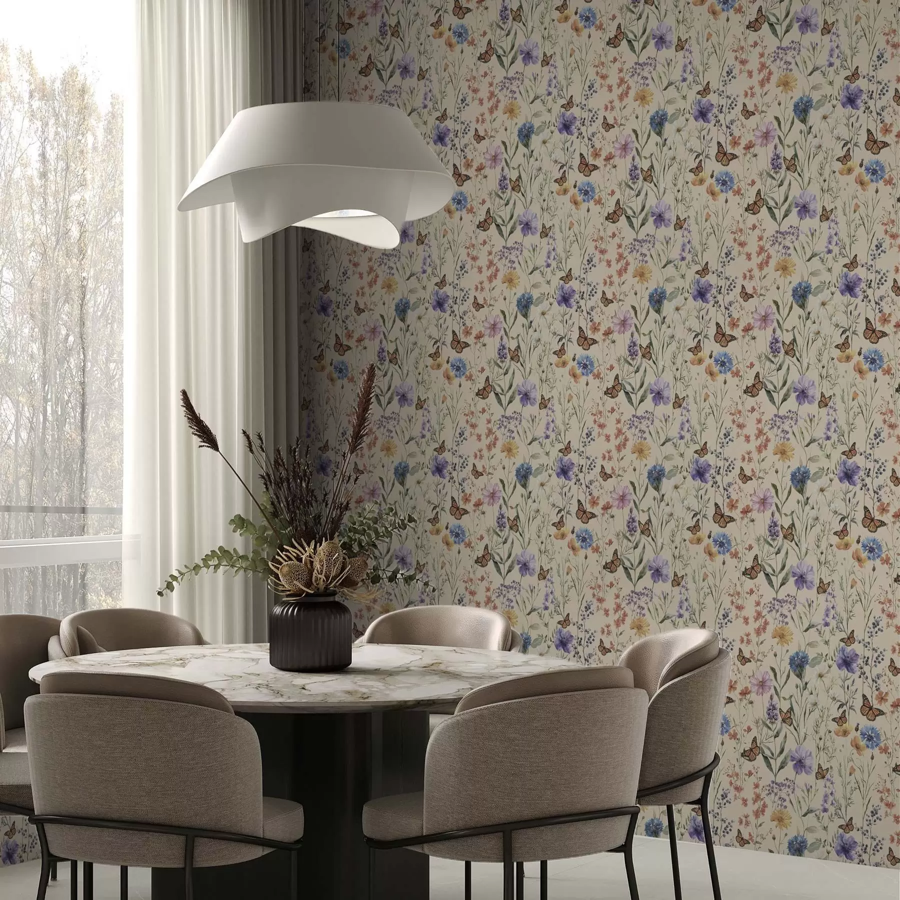 wall murals Дивље цвеће и лептири у меком акварелном стилу a00389