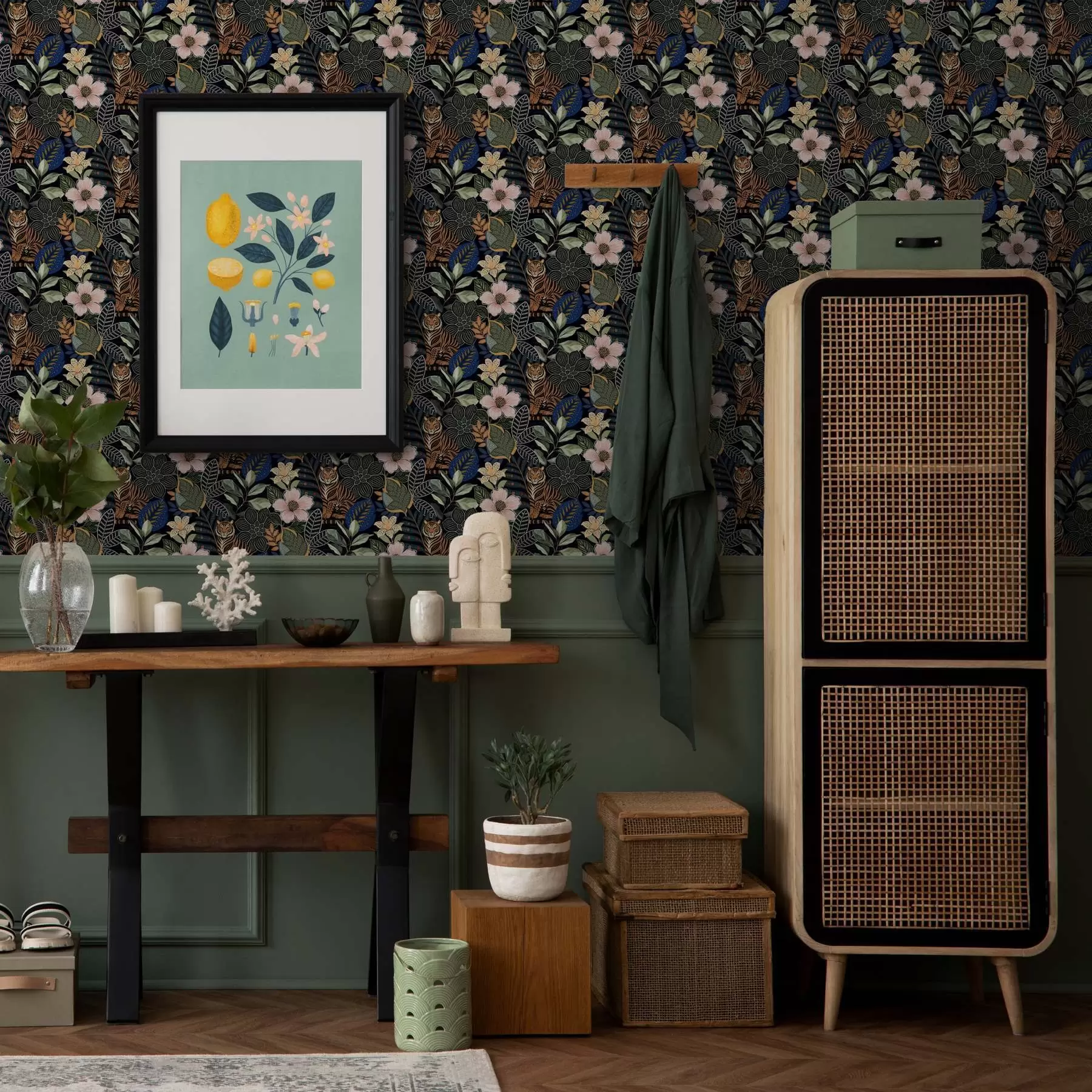 wall murals Тигрови међу светлим тропским цвећем и лишћем a00426