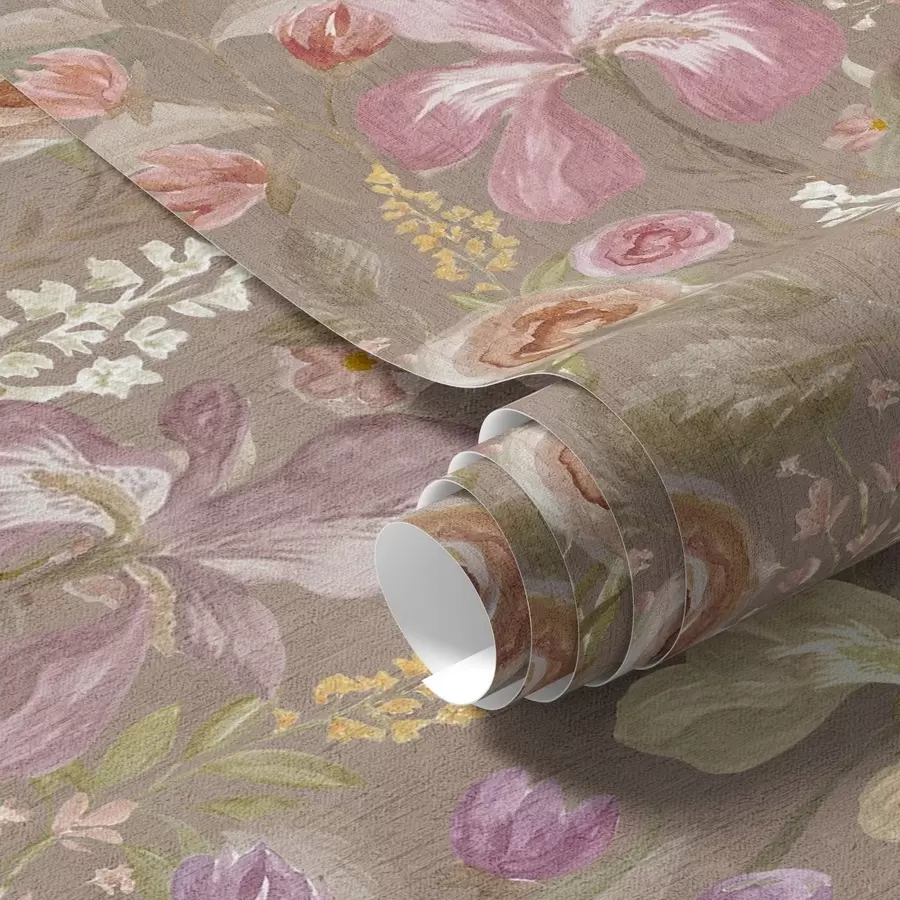 wall murals Винтажни узорак цвета ружичасте ирисе на беж текстурираној позадини a00457