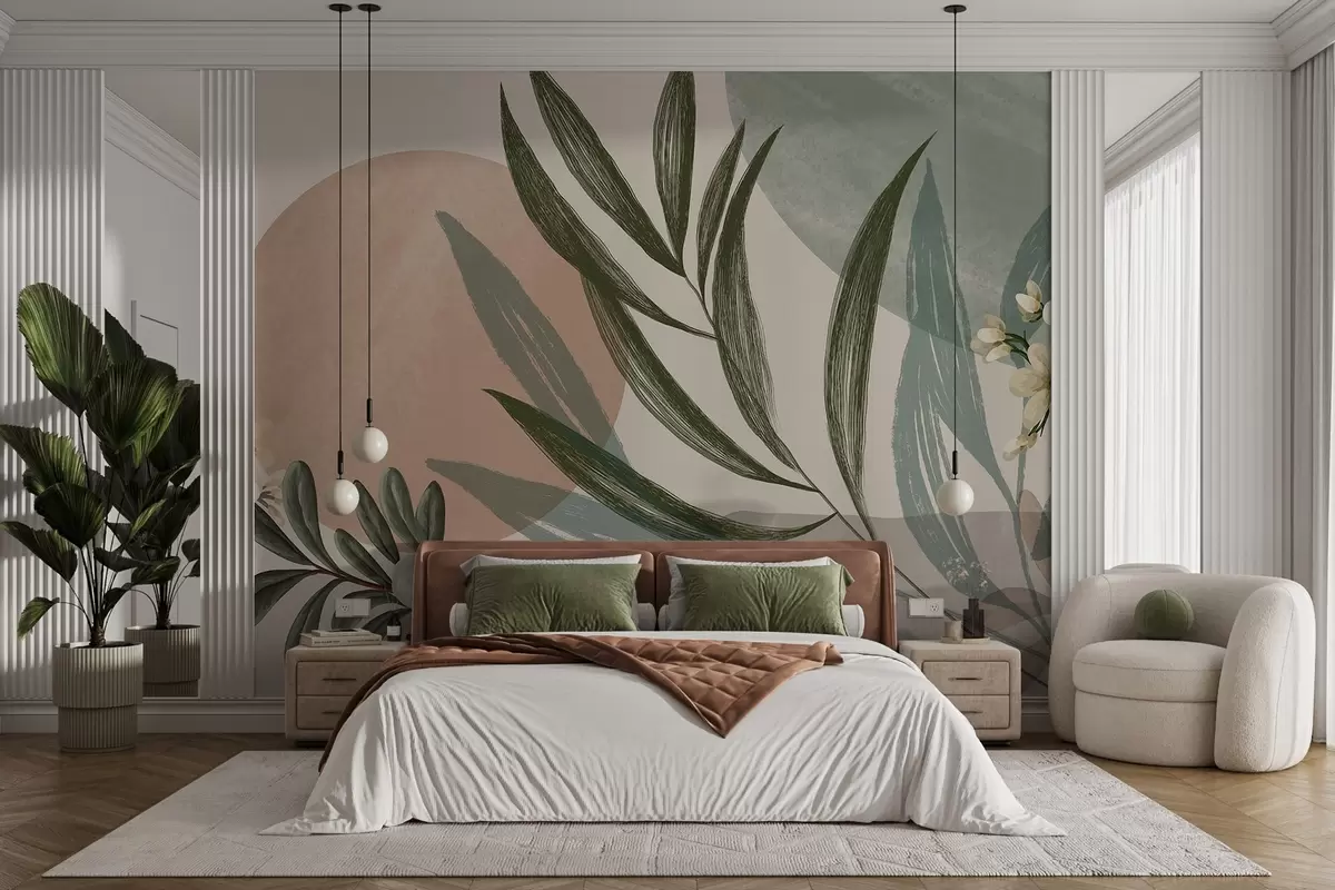 wall murals Апстрактна ботаничка уметност са зеленим палминим листовима и белим бобицама, на позадини облика у пригушеним земљаним тоновима w09312