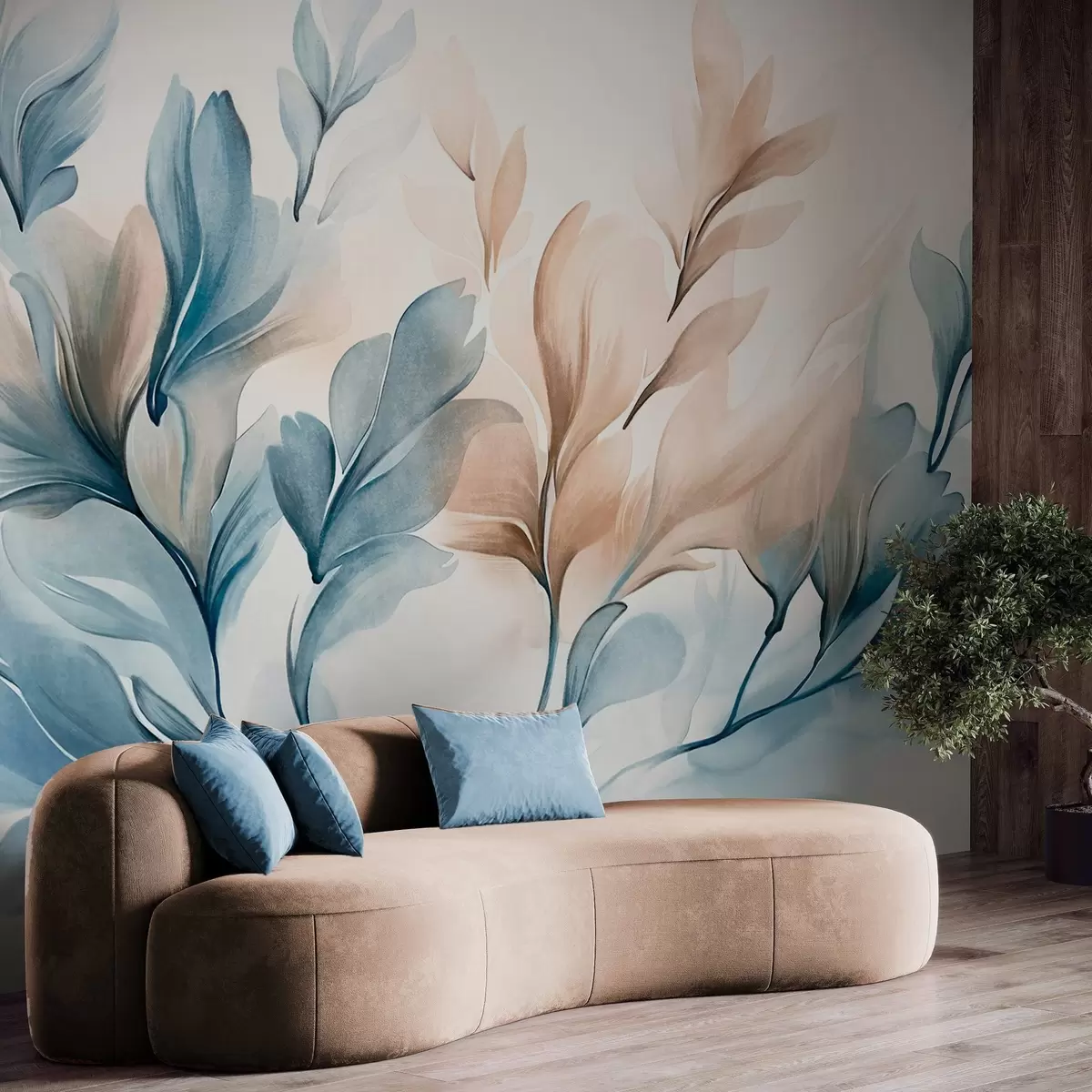 wall murals Плаво и смеђе апстрактно лишће са видљивим потезима четкице, светло и текстурирано, мека палета боја, ефекат акварела w09313