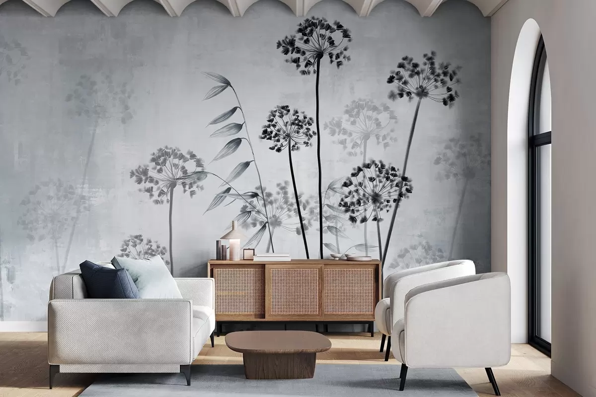 wall murals Цртеж сушеног цвећа са дугим стабљикама, монохроматска палета, на текстурираној, светло сивој позадини, ботаничка илустрација w09314