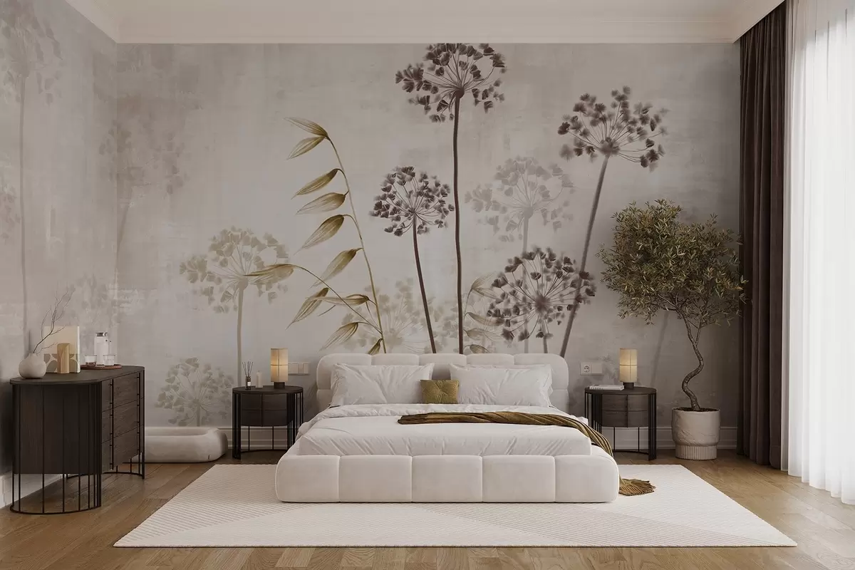 wall murals Цртеж сушеног цвећа са дугим стабљикама, монохроматска палета, на текстурираној, светло беж позадини, ботаничка илустрација w09314v1