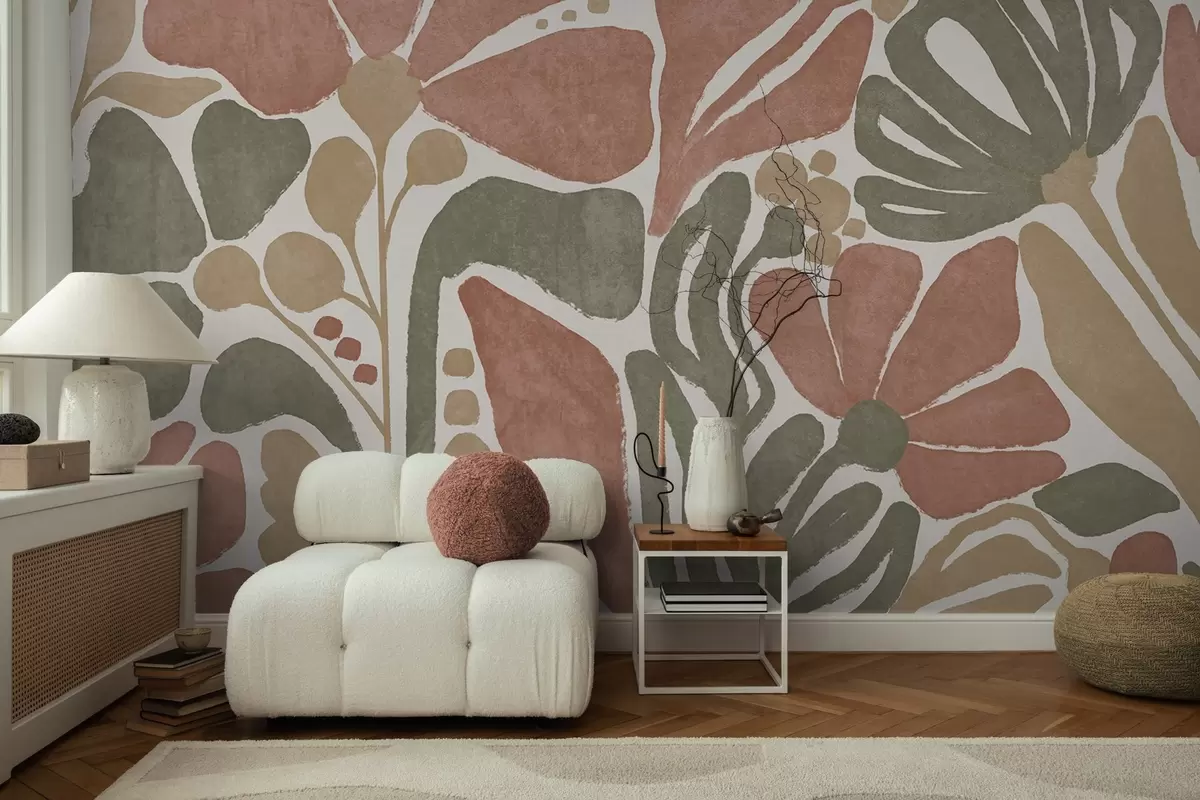 wall murals Апстрактно цвеће у нијансама црвене, зелене и беж боје, са светлом позадином, у равном, стилизованом модерном минималистичком дизајну w09315