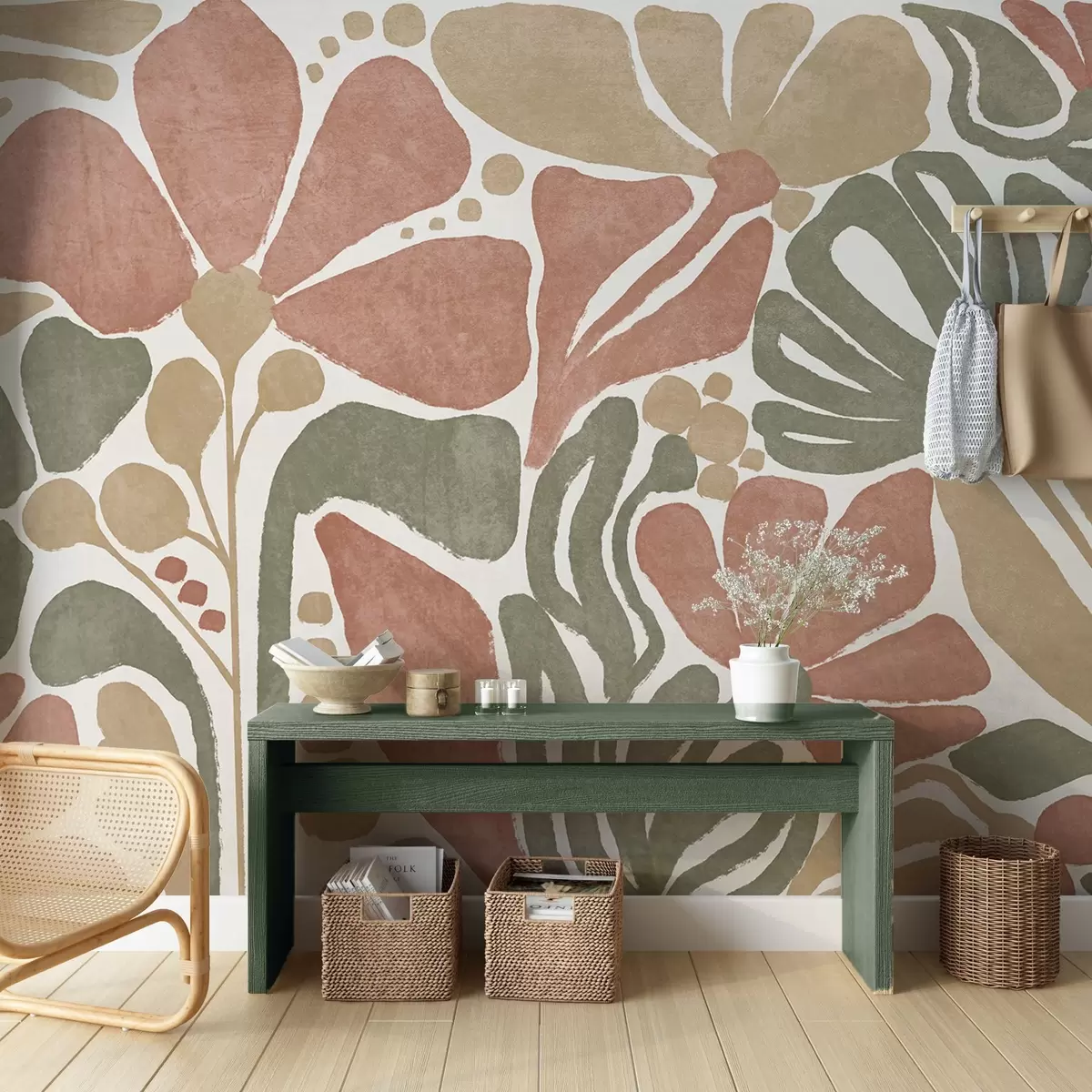 wall murals Апстрактно цвеће у нијансама црвене, зелене и беж боје, са светлом позадином, у равном, стилизованом модерном минималистичком дизајну w09315