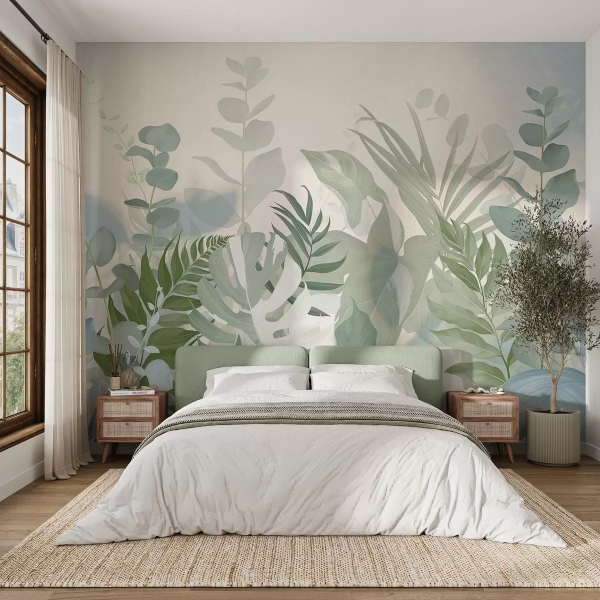 wall murals Пастелно зелене биљке папрати, монстера и еукалиптус, светла текстурирана позадина, меко осветљење, мирно, ботаничка илустрација w09316