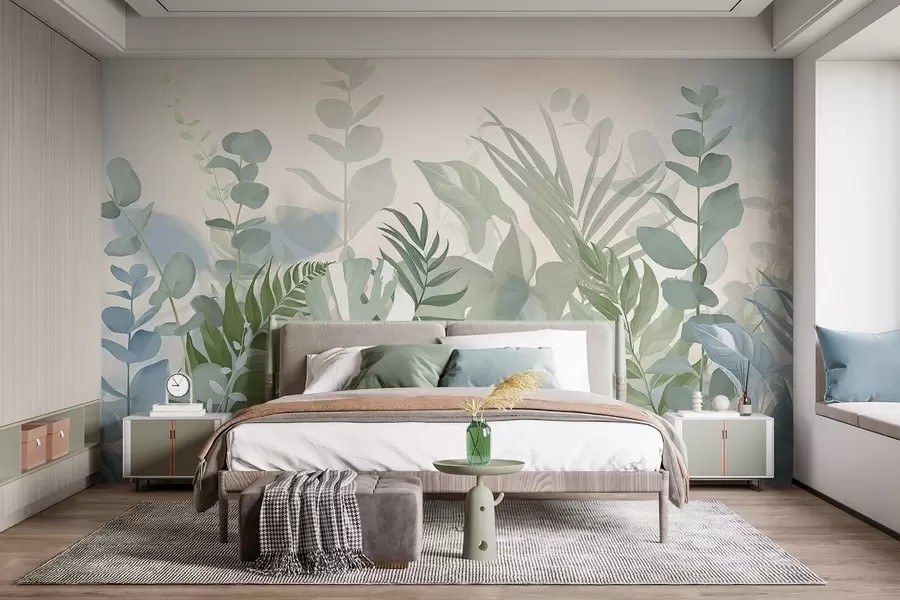 wall murals Пастелно зелене биљке папрати, монстера и еукалиптус, светла текстурирана позадина, меко осветљење, мирно, ботаничка илустрација w09316