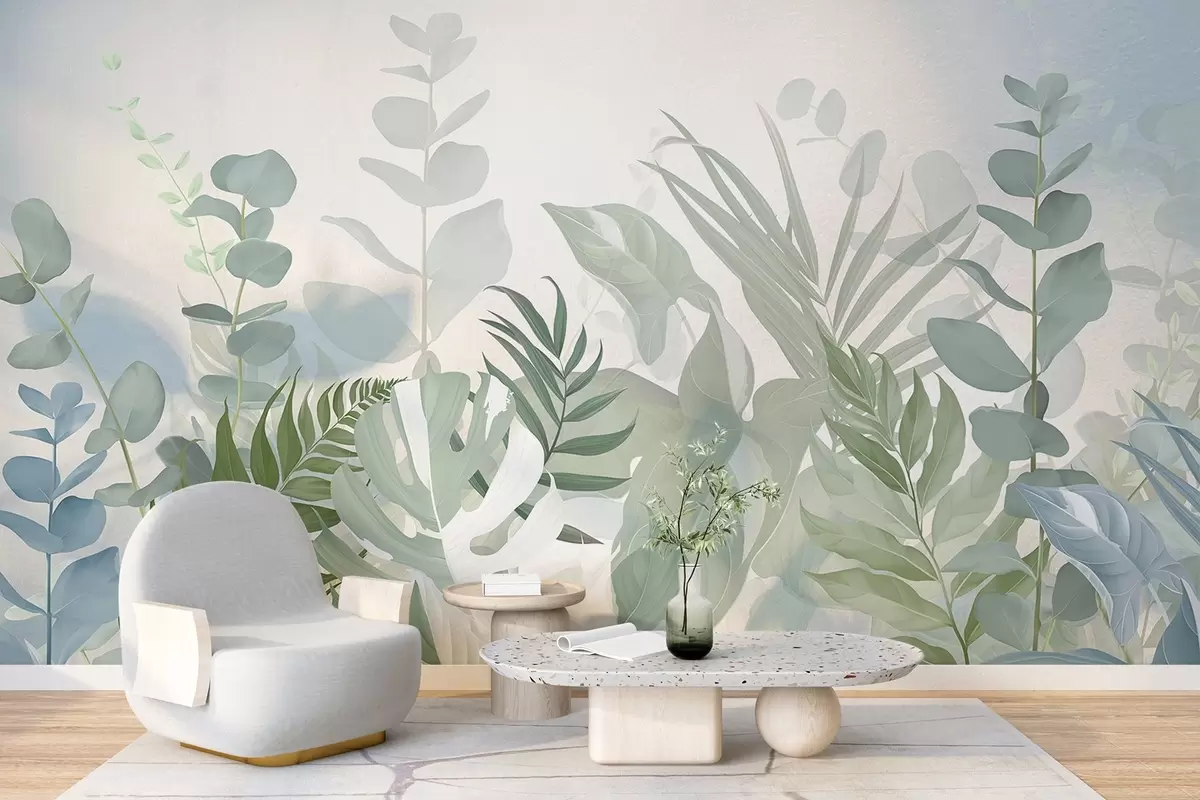 wall murals Пастелно зелене биљке папрати, монстера и еукалиптус, светла текстурирана позадина, меко осветљење, мирно, ботаничка илустрација w09316
