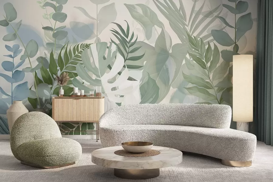wall murals Пастелно зелене биљке папрати, монстера и еукалиптус, светла текстурирана позадина, меко осветљење, мирно, ботаничка илустрација w09316