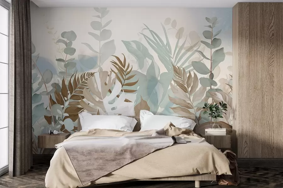 wall murals Пастелне биљке папрати, монстера и еукалиптус, светла текстурирана позадина, меко осветљење, мирно, ботаничка илустрација w09316v1