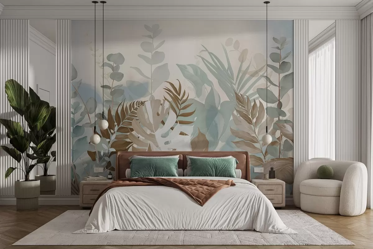 wall murals Пастелне биљке папрати, монстера и еукалиптус, светла текстурирана позадина, меко осветљење, мирно, ботаничка илустрација w09316v1