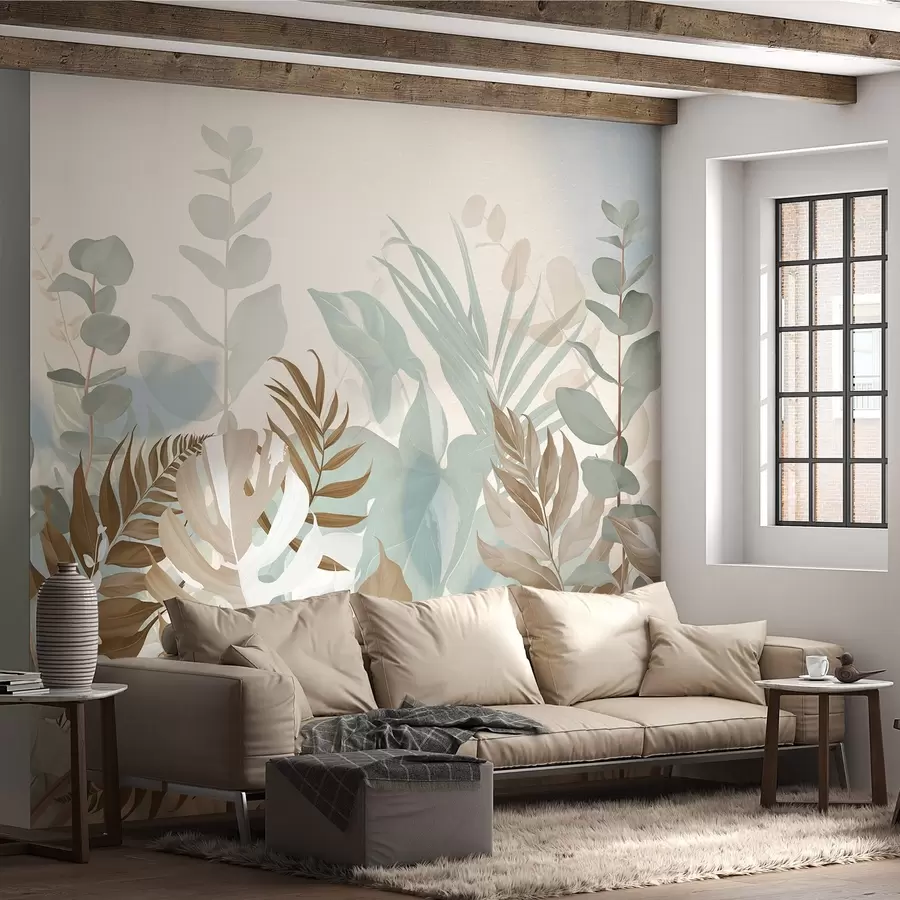 wall murals Пастелне биљке папрати, монстера и еукалиптус, светла текстурирана позадина, меко осветљење, мирно, ботаничка илустрација w09316v1
