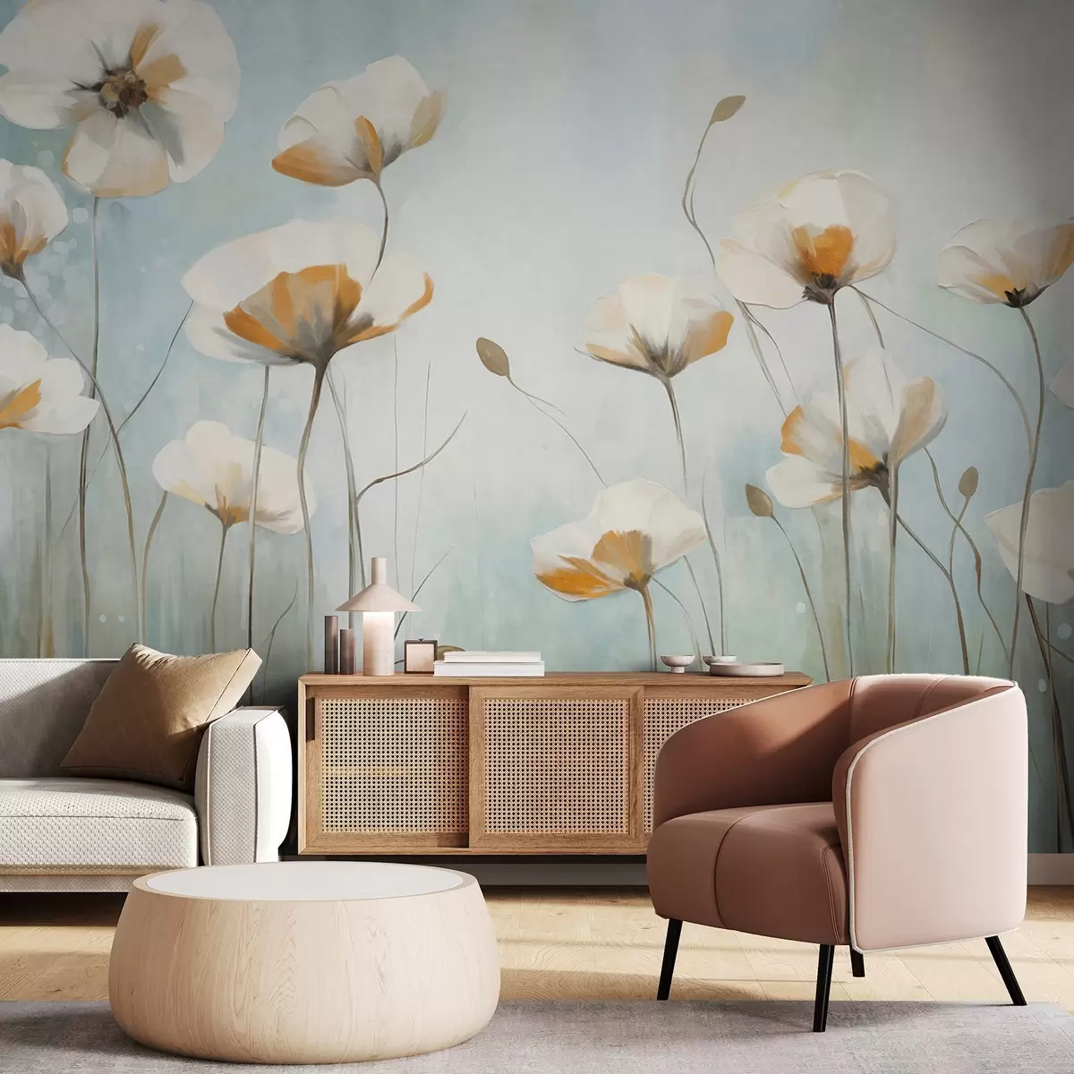 wall murals Бели текстурирани макови на дугим стабљикама, светлоплава и зелена позадина, меки потези четкицом, нежни цветни аранжман на пољу w09317