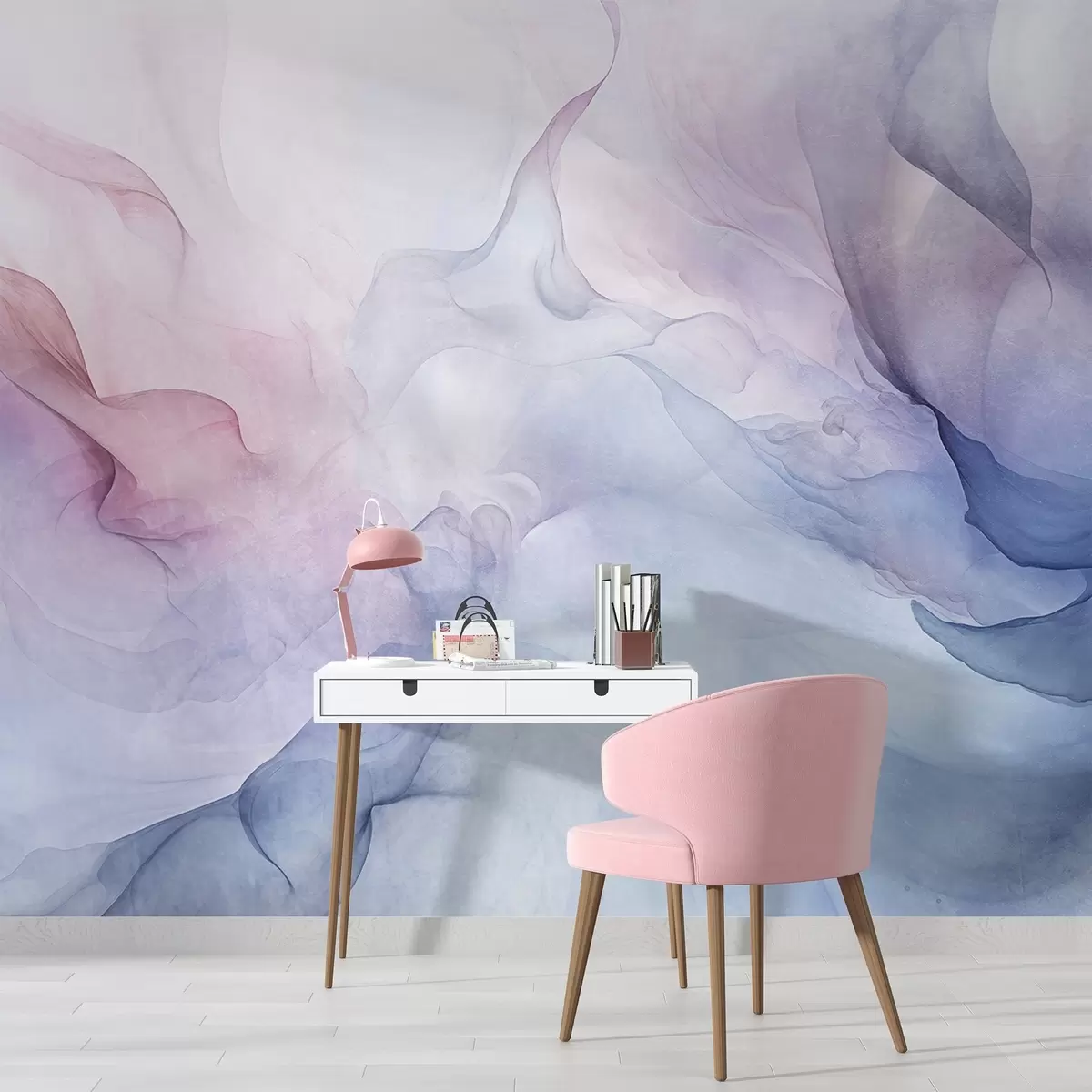 wall murals Апстрактна текстурирана слика са течним пастелним нијансама ружичасте, љубичасте и плаве боје ствара меки ефекат w09318