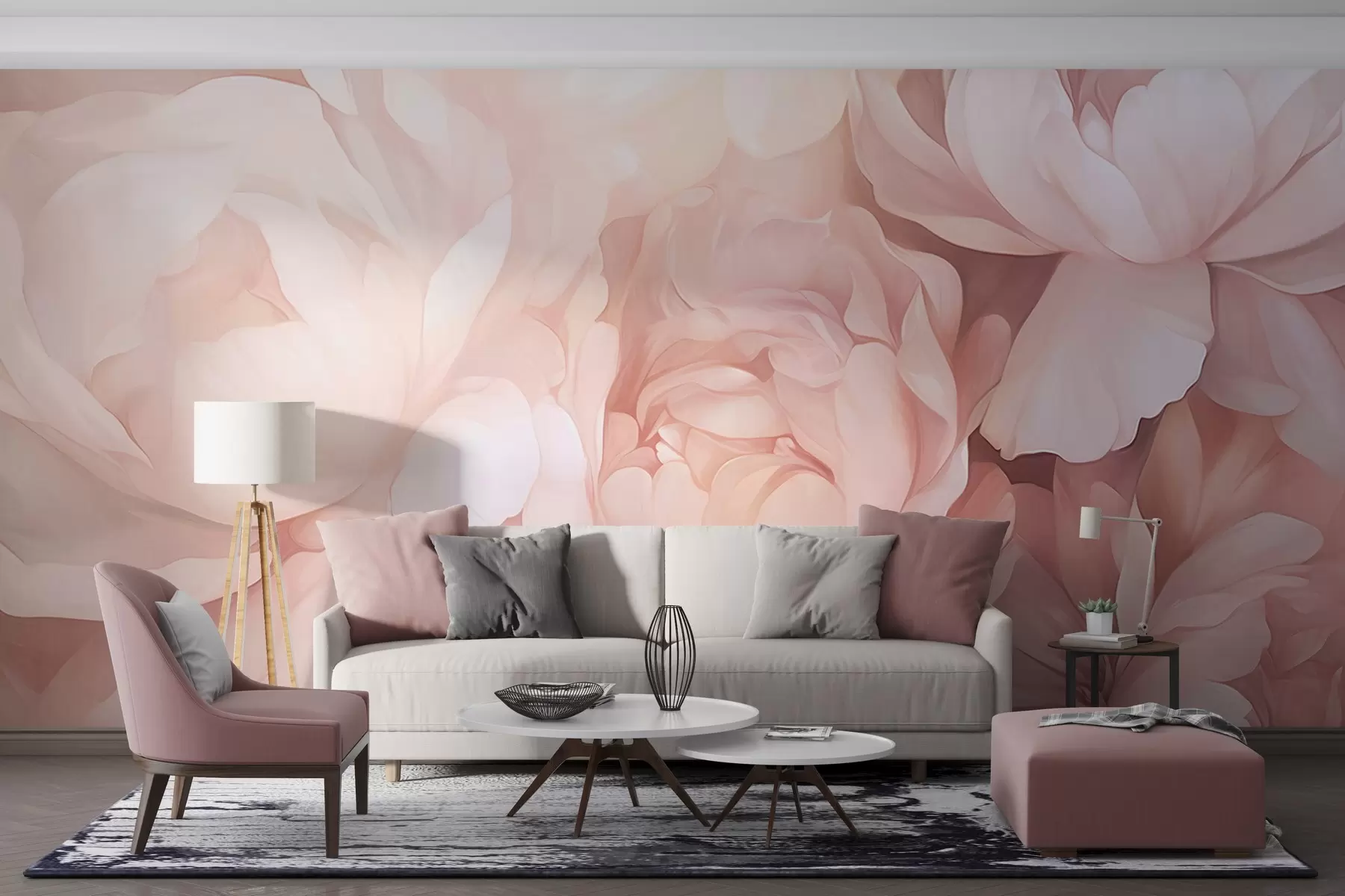 wall murals Светло пастелно ружичасти божури са меким, текстурираним, нежним латицама, уско распоређени, стварајући густу цветну уметност, меко осветљење w09319