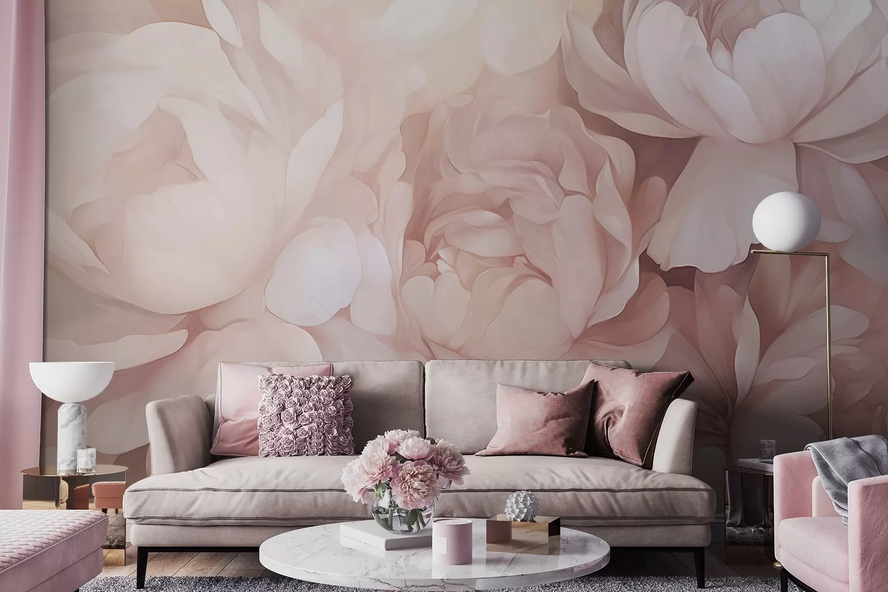 wall murals Светло пастелно ружичасти божури са меким, текстурираним, нежним латицама, уско распоређени, стварајући густу цветну уметност, меко осветљење w09319