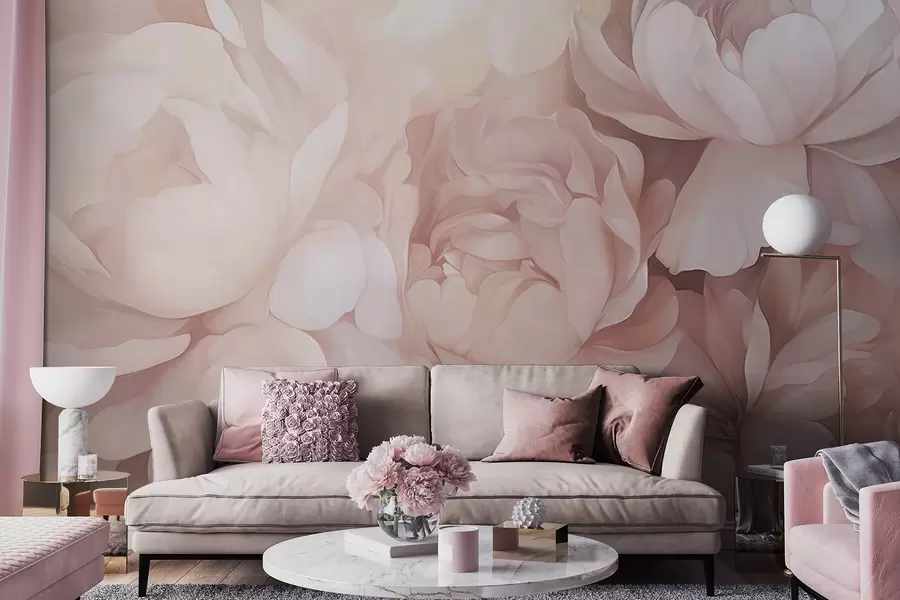 wall murals Светло пастелно ружичасти божури са меким, текстурираним, нежним латицама, уско распоређени, стварајући густу цветну уметност, меко осветљење w09319