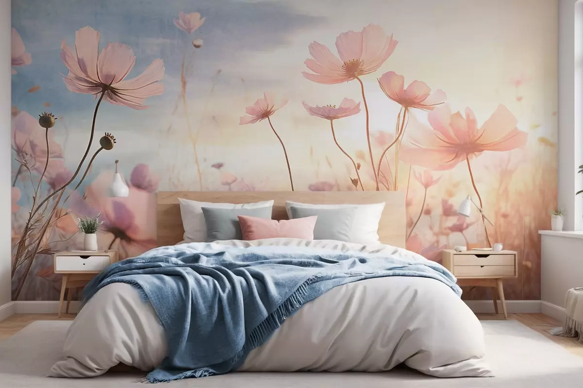 wall murals Поље ружичастог текстурираног цвећа са дугим стабљикама, наспрам меког плавог и жутог неба, ствара сањиву атмосферу w09320