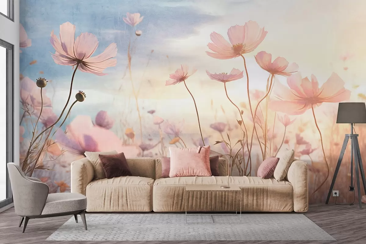 wall murals Поље ружичастог текстурираног цвећа са дугим стабљикама, наспрам меког плавог и жутог неба, ствара сањиву атмосферу w09320