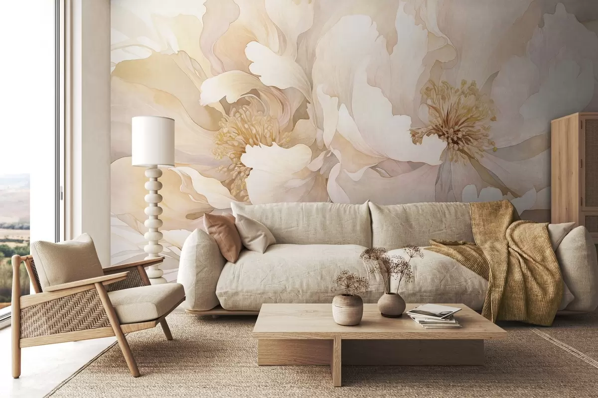wall murals Цветови текстуре божура са нежним латицама у нијансама крем брескве и светло ружичасте са меком текстуром сличном акварелу w09321