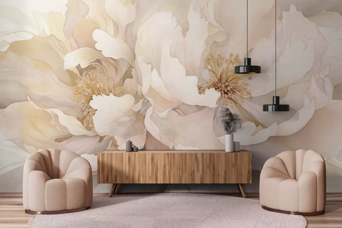wall murals Цветови текстуре божура са нежним латицама у нијансама крем брескве и светло ружичасте са меком текстуром сличном акварелу w09321