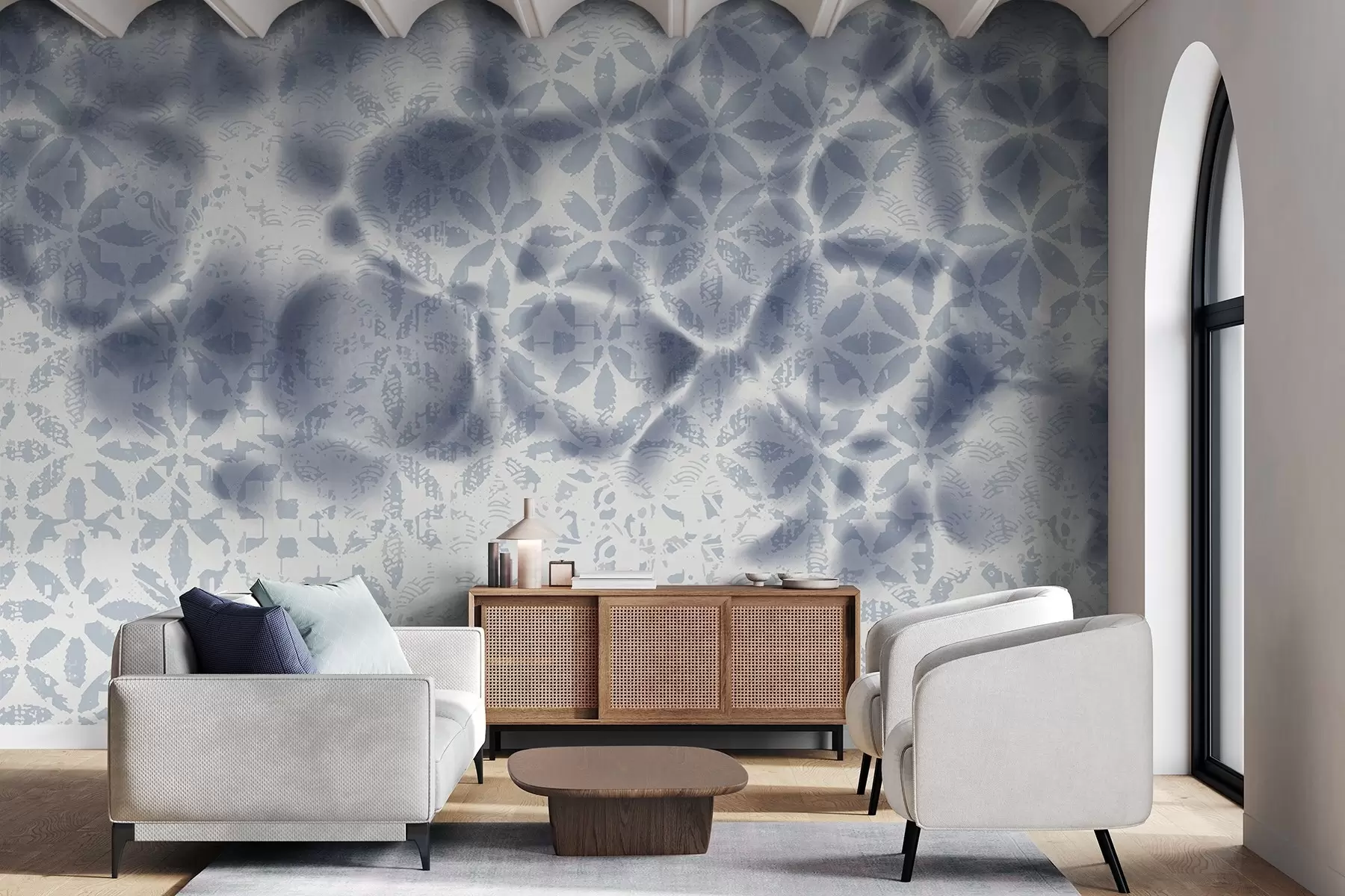 wall murals Апстрактна текстурирана уметност са плавим цветним принтом, избледелим и замућеним ефектом, ствара меку и сањиву атмосферу w09322