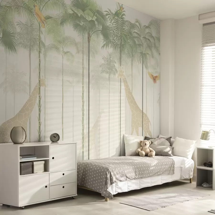 wall murals Жирафе и тропске птице међу високим палмама w04400