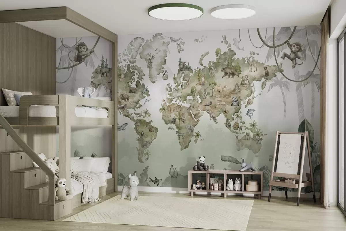 wall murals Илустрована мапа света са животињама и џунглама w04418v1