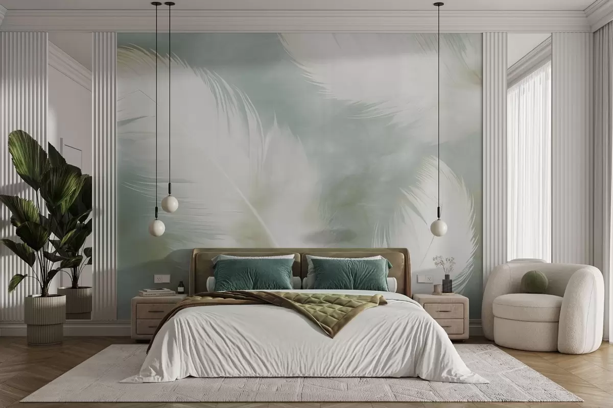 wall murals Нежно бело перје на мекој позадини боје менте w04399