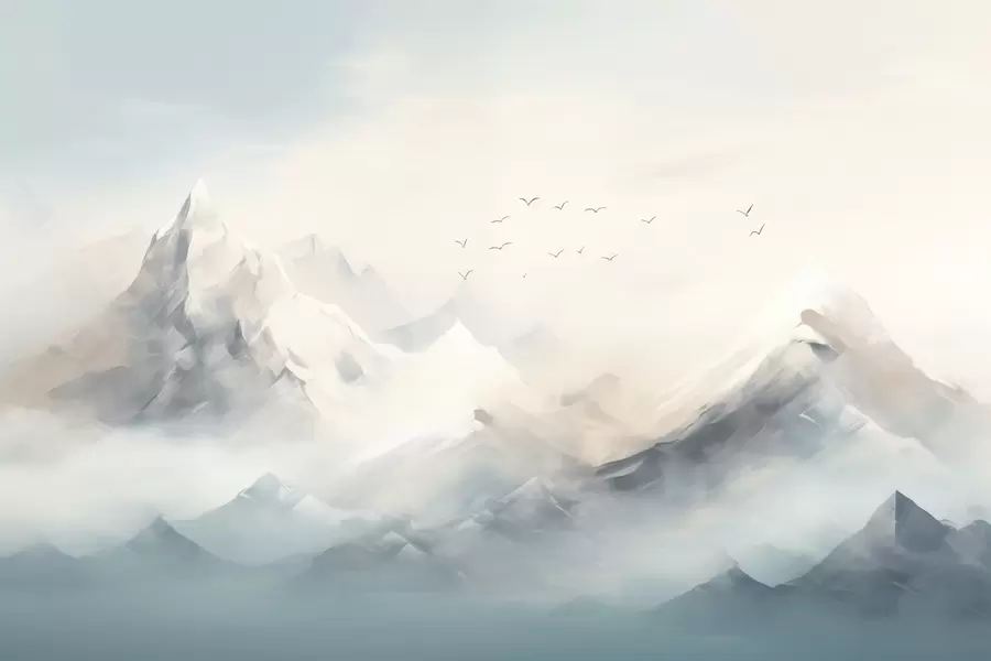 wall murals Снежни планински врхови у јутарњој магли са птицама у лету w09326