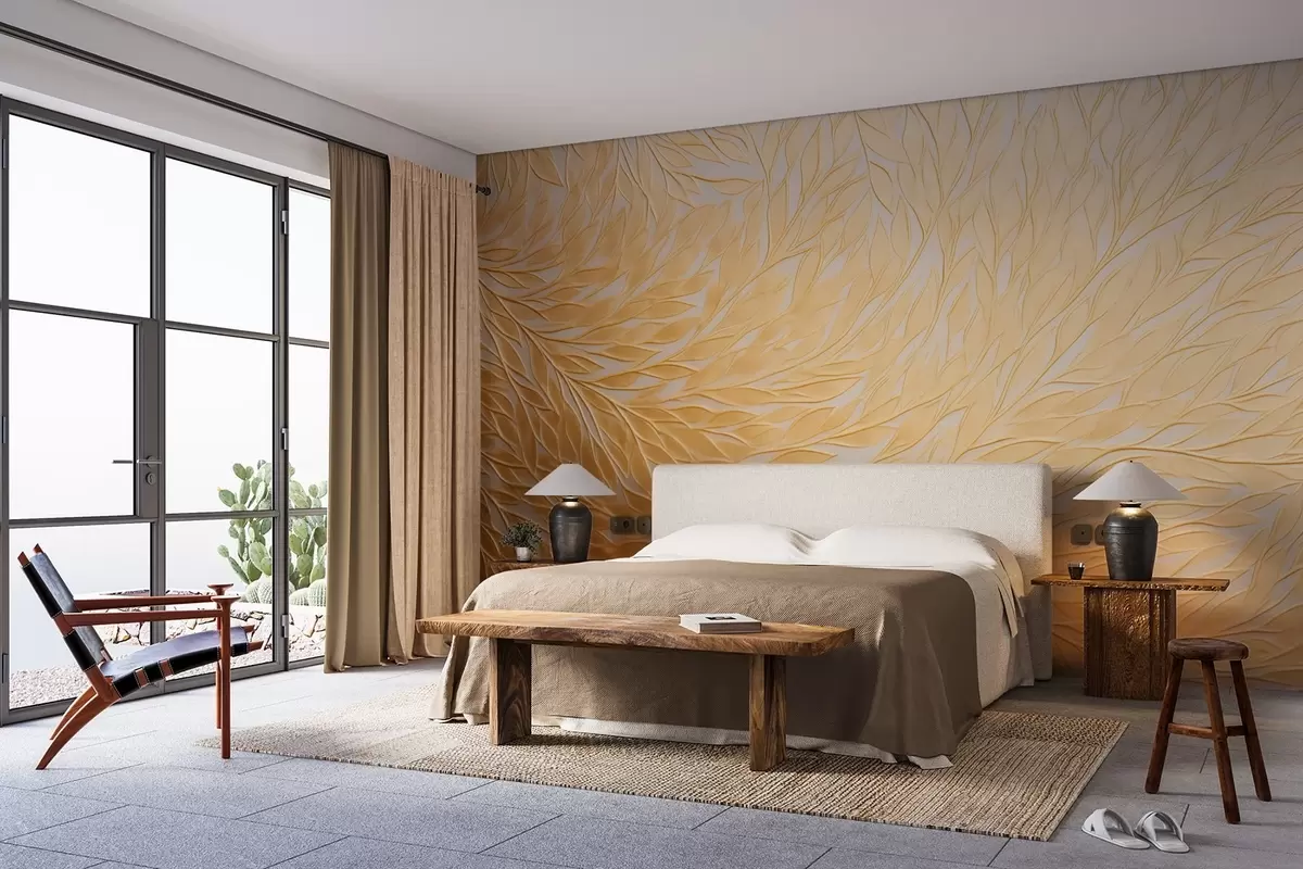 wall murals Рељефни узорак листова у топлим медено-жутим тоновима w09325