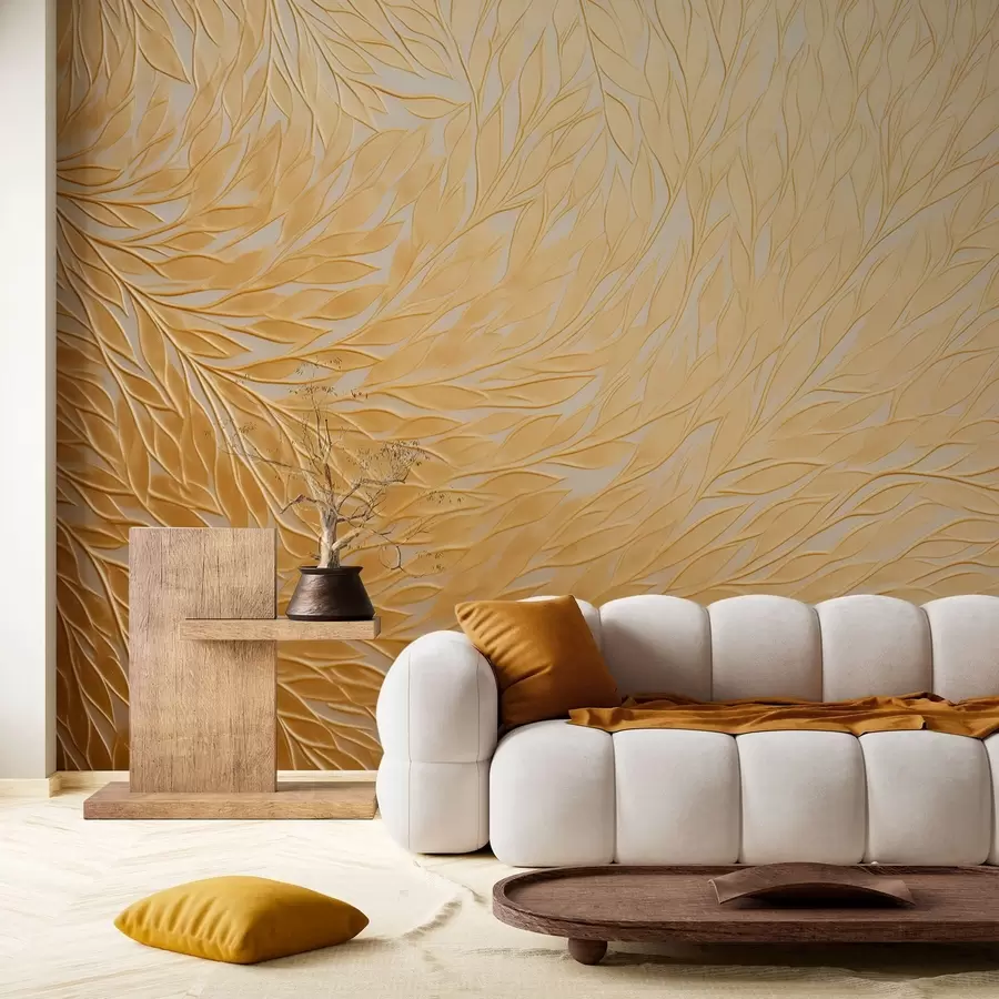 wall murals Рељефни узорак листова у топлим медено-жутим тоновима w09325