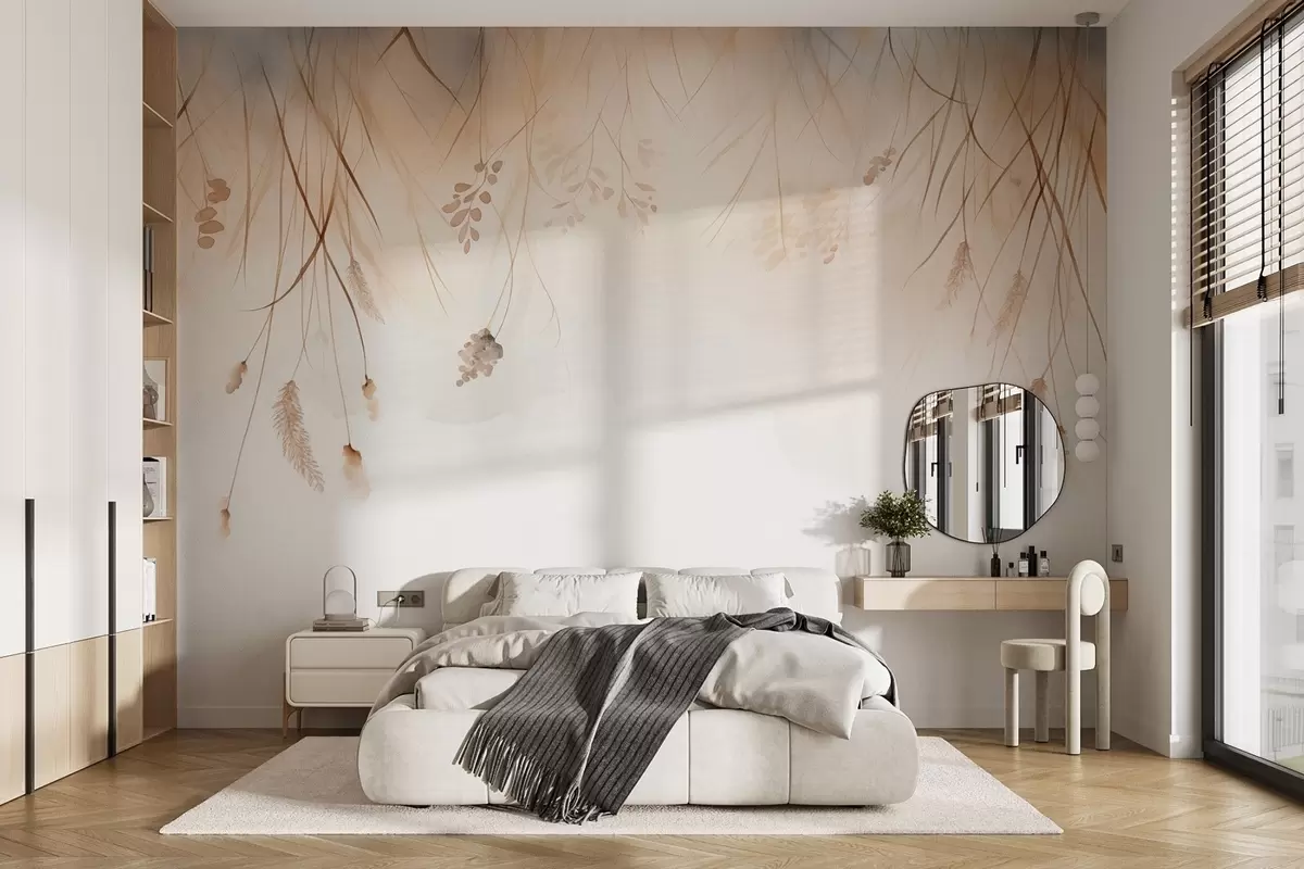 wall murals Опуштени рогози и класје жита у магли у меким беж и смеђим нијансама w09328