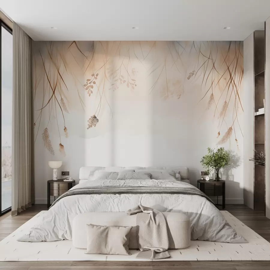 wall murals Опуштени рогози и класје жита у магли у меким беж и смеђим нијансама w09328