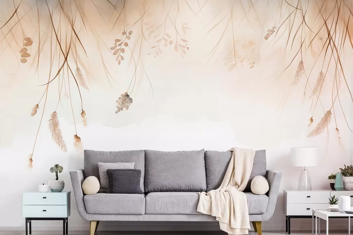 wall murals Опуштени рогози и класје жита у магли у меким беж и смеђим нијансама w09328