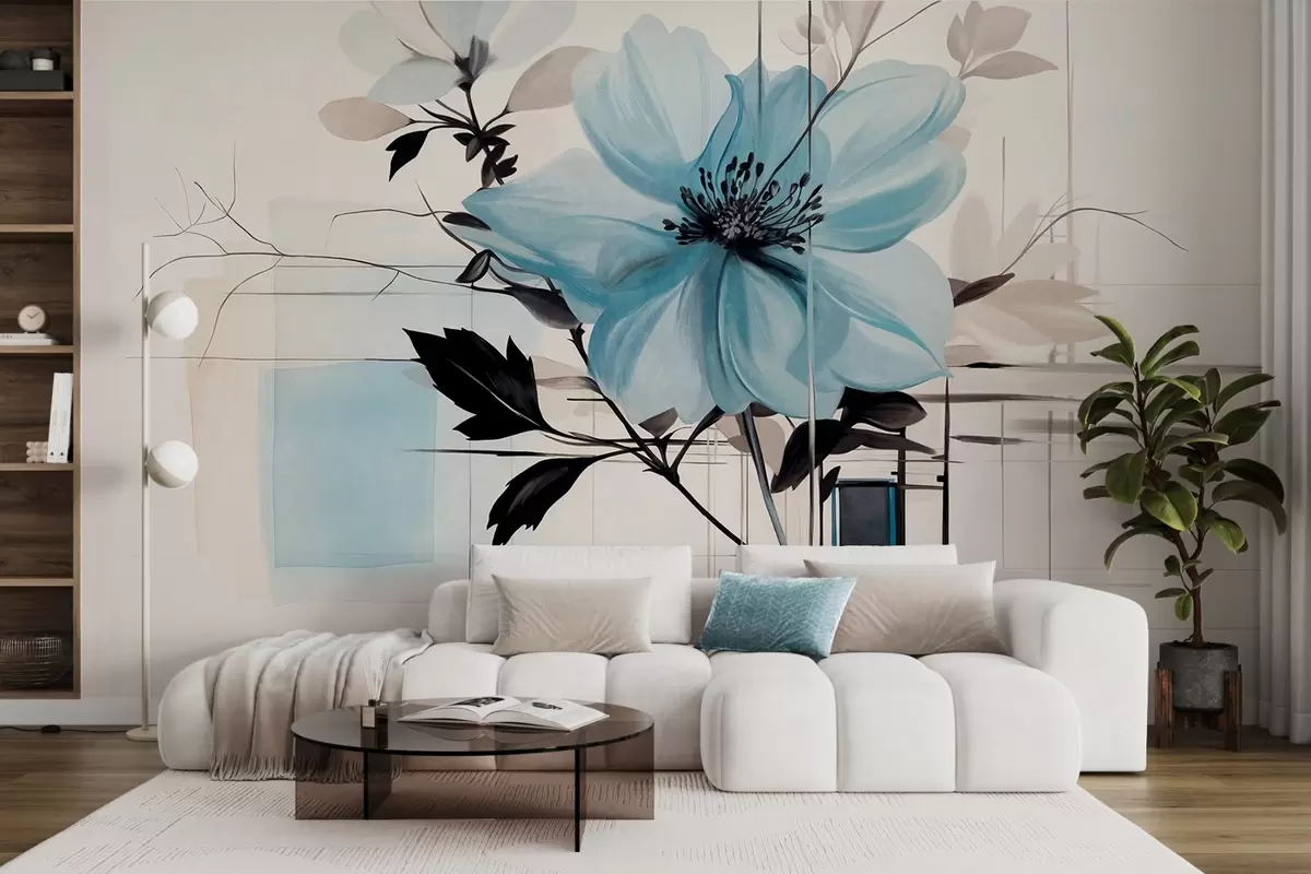 wall murals Апстрактни текстурирани плави цвет са тамним листовима и гранама, геометријским минималистичким облицима и линијама у пригушеним бојама w09332