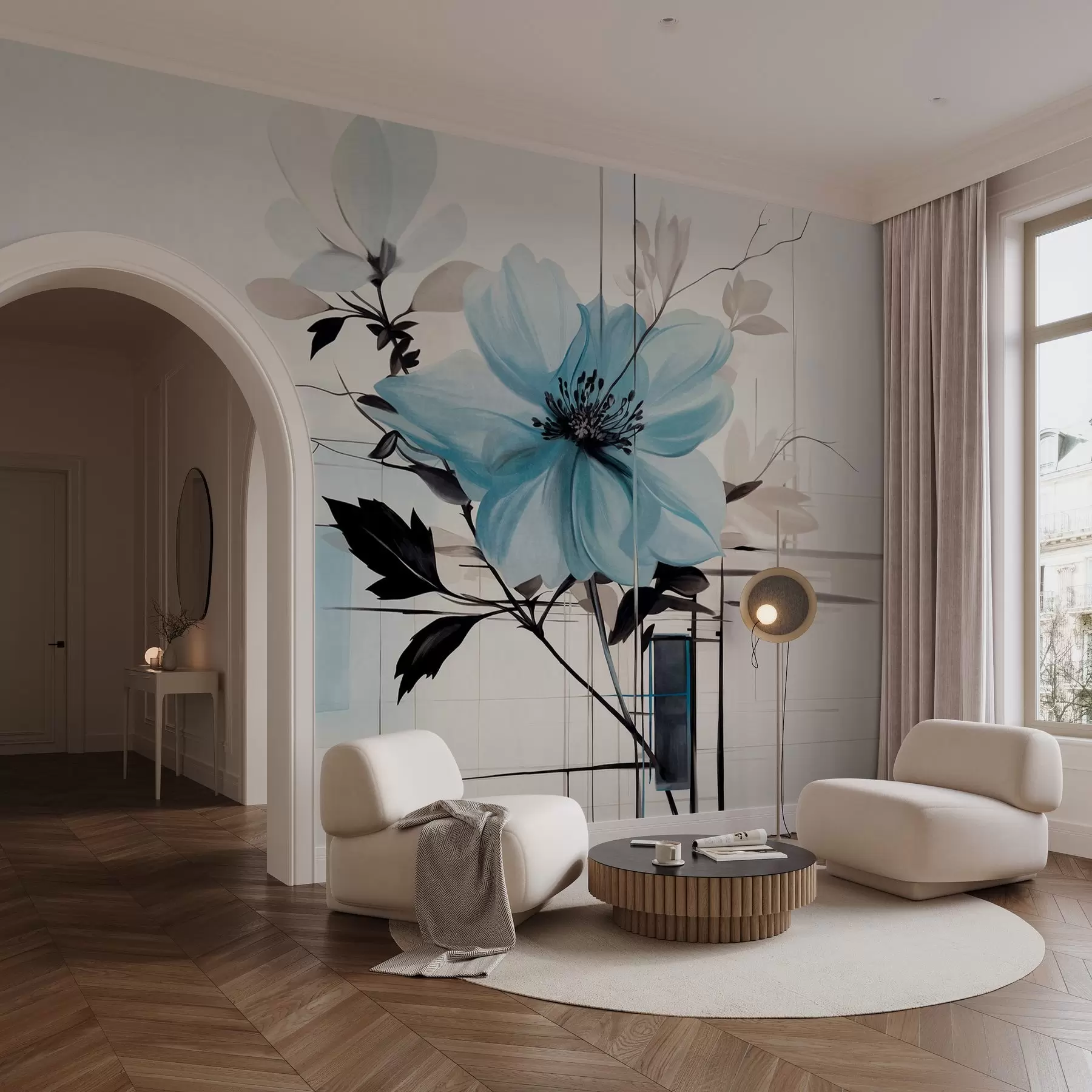 wall murals Апстрактни текстурирани плави цвет са тамним листовима и гранама, геометријским минималистичким облицима и линијама у пригушеним бојама w09332