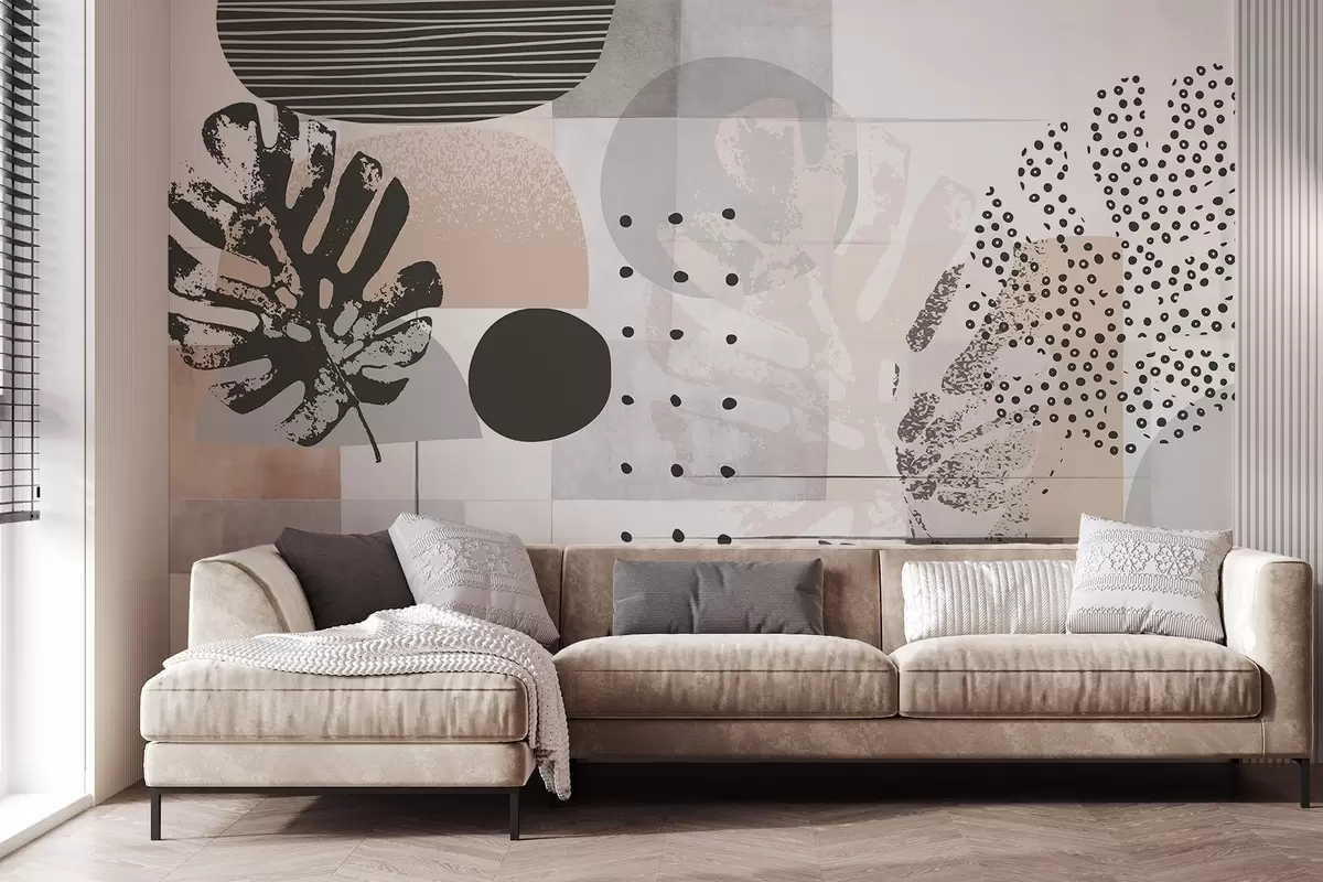 wall murals Апстрактни отисак са геометријским облицима и тропским листовима монстере, круговима, тачкама и линијама, модеран и минималистички дизајн w09333