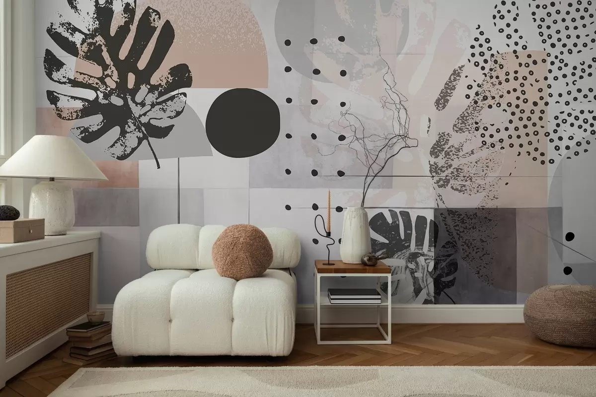 wall murals Апстрактни отисак са геометријским облицима и тропским листовима монстере, круговима, тачкама и линијама, модеран и минималистички дизајн w09333