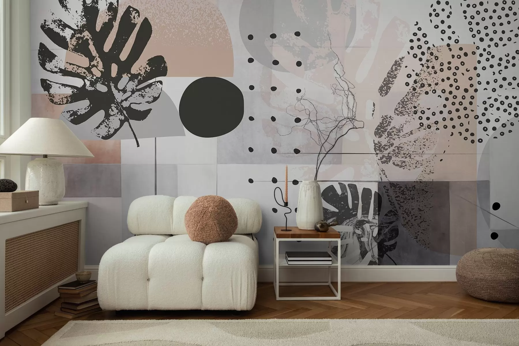 wall murals Апстрактни отисак са геометријским облицима и тропским листовима монстере, круговима, тачкама и линијама, модеран и минималистички дизајн w09333