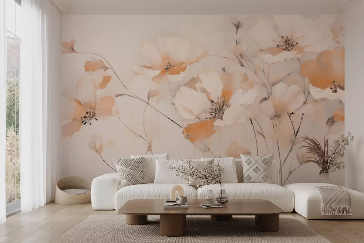 wall murals Бело и наранџасто текстурирано цвеће са дугим стабљикама, светла позадина, меке боје, елегантна композиција, нежни потези четкицом w09335