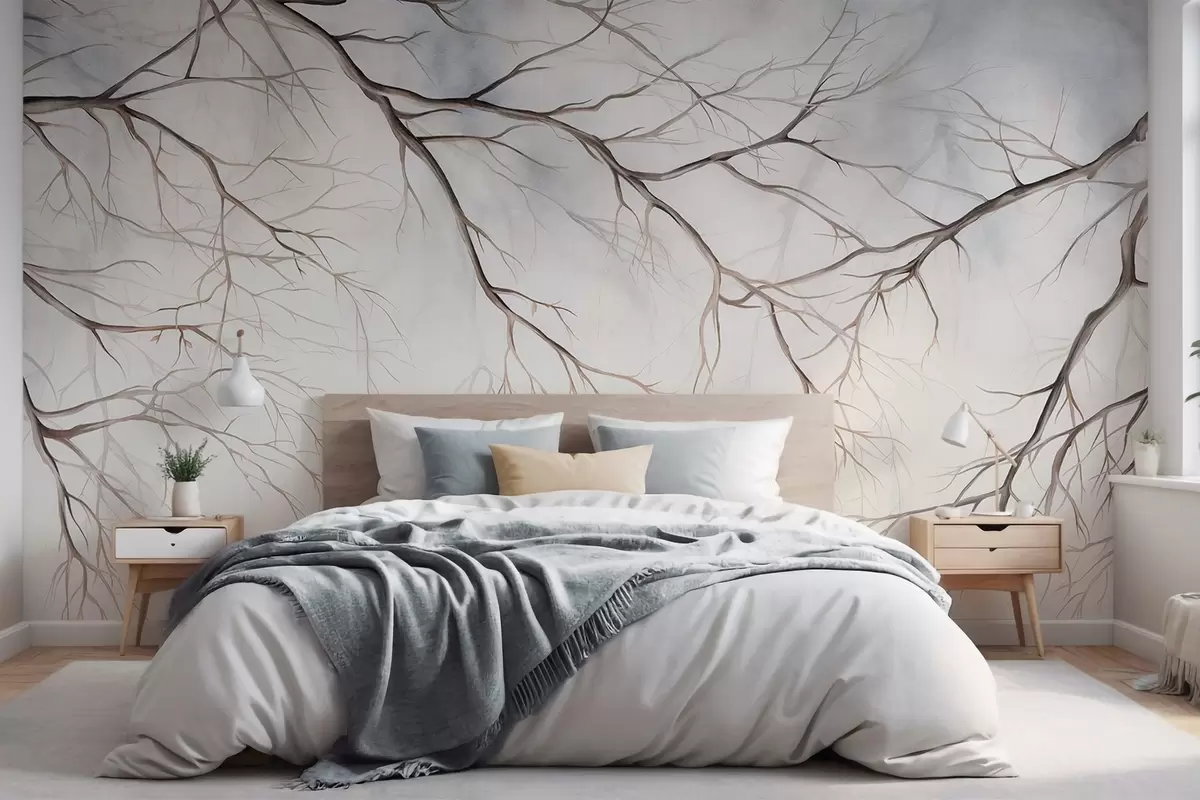 wall murals Гране дрвећа са ефектом акварел текстуре, замршеним детаљима, меком палетом боја, на светлој позадини w09337