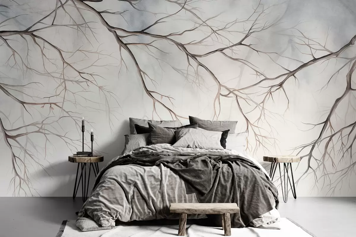 wall murals Гране дрвећа са ефектом акварел текстуре, замршеним детаљима, меком палетом боја, на светлој позадини w09337