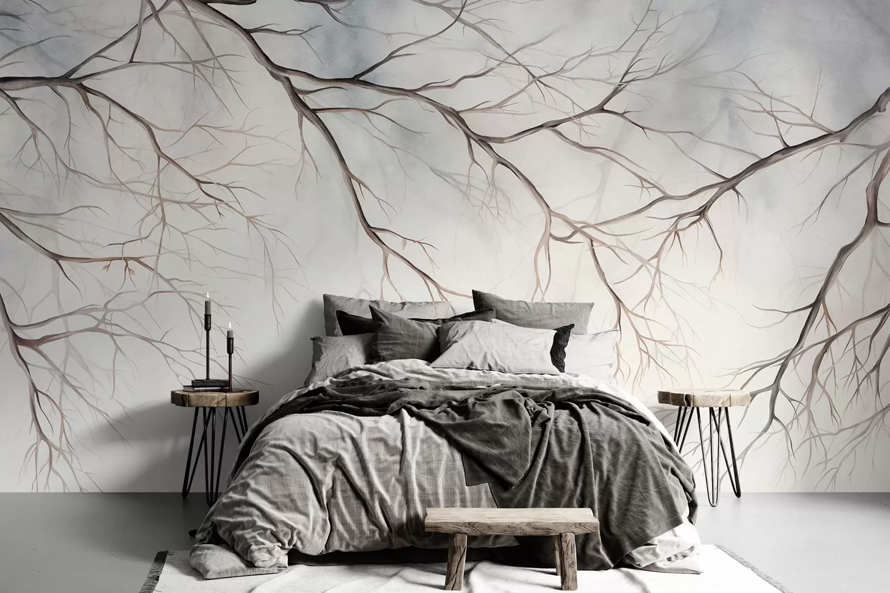 wall murals Гране дрвећа са ефектом акварел текстуре, замршеним детаљима, меком палетом боја, на светлој позадини w09337