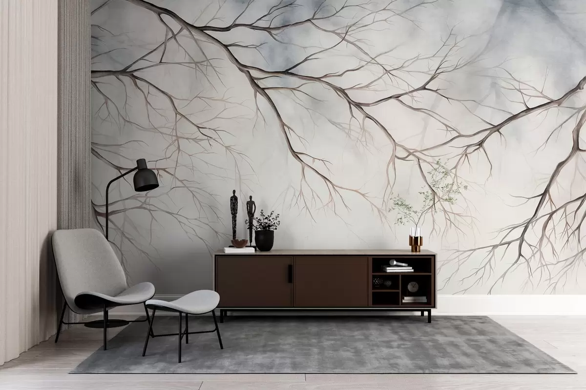 wall murals Гране дрвећа са ефектом акварел текстуре, замршеним детаљима, меком палетом боја, на светлој позадини w09337