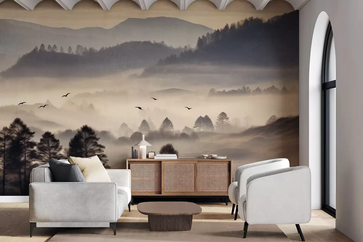 wall murals Текстурирани планински пејзаж са слојевима магле, силуетама дрвећа у првом плану, удаљеним планинским венцем, меким осветљењем w09338