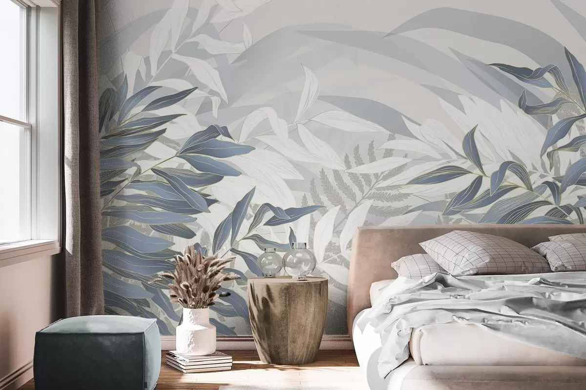 wall murals Плаво и бело лишће и трава, меке пастелне боје, ботаничка илустрација, минималистички дизајн, декоративно, модерно w09341