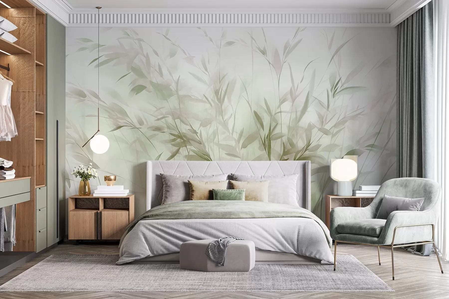 wall murals Трава и коров са танким листовима и стабљикама, светло зелене и смеђе боје, меки и нежни потези четкицом, минималистички отисак w09342
